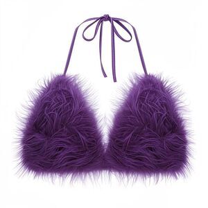2854 Fluffy Fur Triangle Bra Crop Top Sexy Strappy Halter Feather Bandage